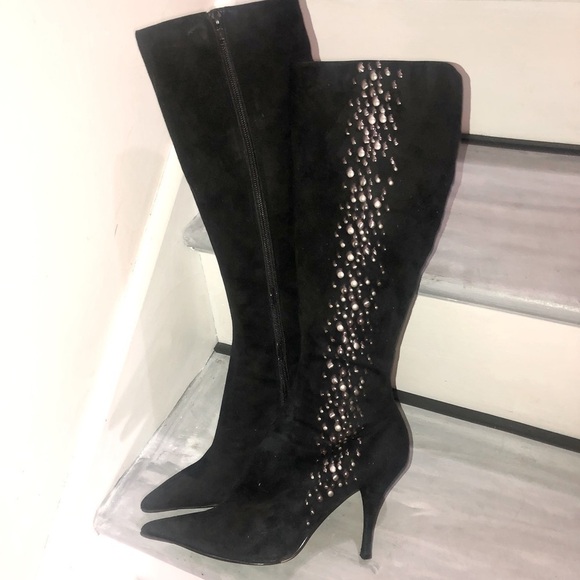 Alfani black suede high heeled tall boots with gold studs size 8 - Picture 1 of 9